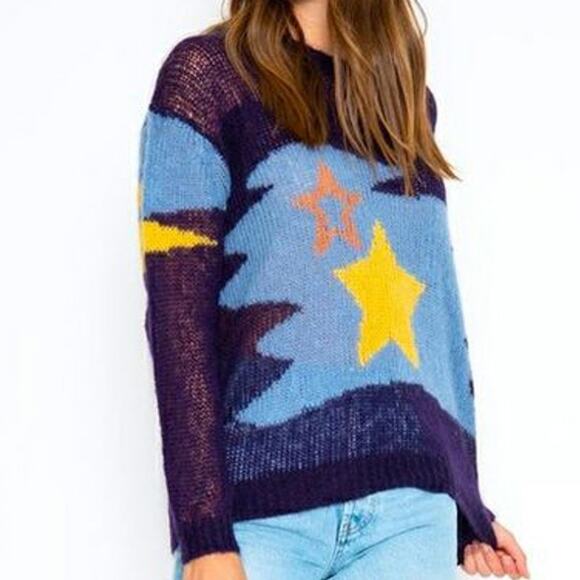 Revolve One Grey Day Star Print Mohair Blend Oversized Sweater Size Small - Picture 1 of 10